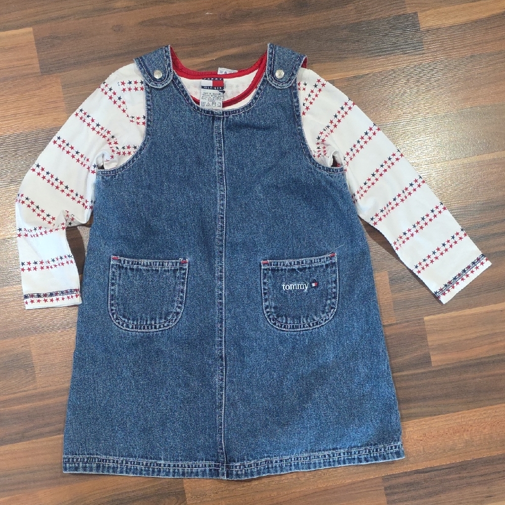 Tommy Hilfiger Blue Denim Dress with Red and White Striped Shirt Girls 4T